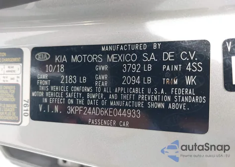 2019 Kia Forte Lxs из США, поврежденный, VIN 3KPF24AD6KE044933